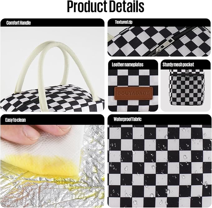 Lunch Bag Women/Men Lunch Box Women/Men (Black+White Checkerboard)