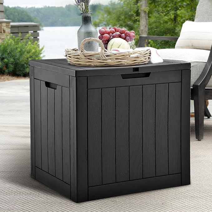 DWVO 30 Gallon Outdoor Storage Box with Side Handles and Lockable Lid, Weatherproof Resin Deck Box for Patio, Cushions, Garden Tools, and Supplies - Black