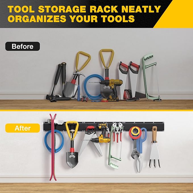 Garage Tool Organizer Wall Mount with 48 inches Rails and 7 Adjustable Heavy-Duty Hooks, Garden Tool Organizer, 10 Pack Carries 440 lbs, Heavy Duty Garage Storage Rack For Yard, Shed, Easy to install