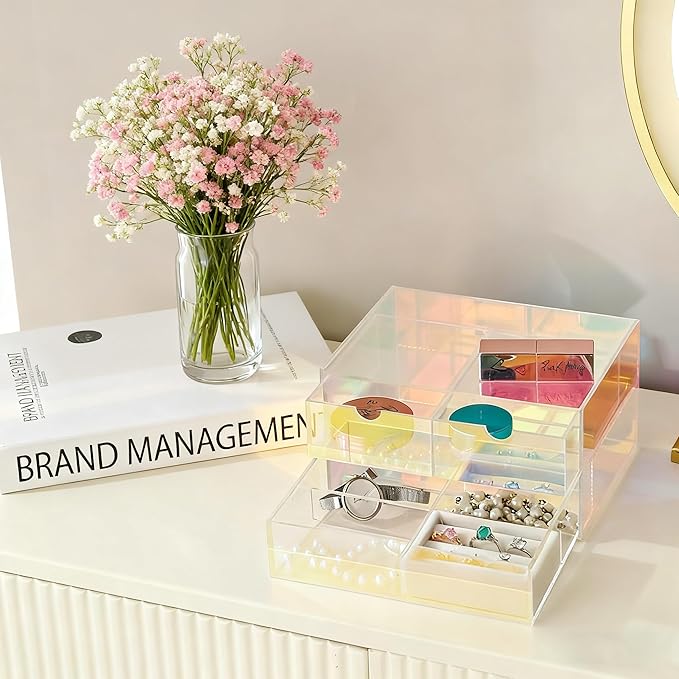 AZY Rainbow Acrylic Earring Organizer 2-Tier 3-Drawer with 6 Compartments, Multi-Purpose Vanity Countertop Organizer, Velvet Jewelry Tray for Rings, Necklaces, Makeup & Small Accessories