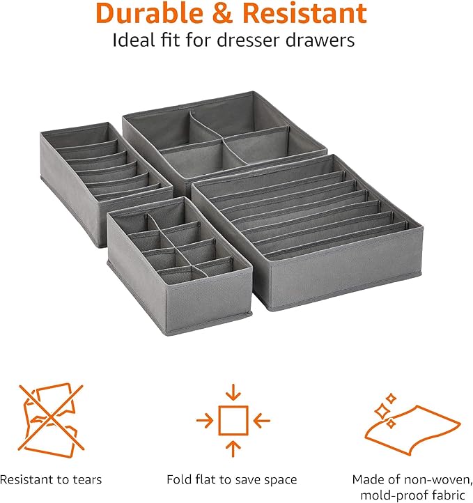 Amazon Basics Dresser Drawer Storage Organizer for Undergarments Gray | Set of 4