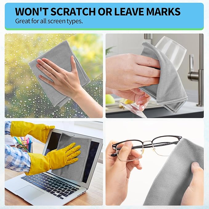 HOMERHYME Microfiber Cleaning Cloth - 10 Pack Glasses Cleaning Cloth, 16" x 14" Window Cleaning Rags, Streak Free Lint Free Polishing Cloths Wipes for Eye Glass, Stainless Steel, Windshield, Grey