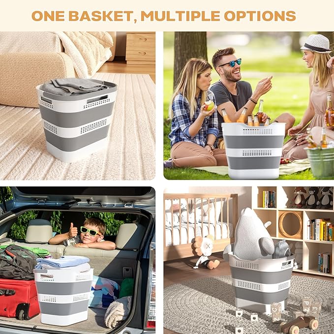 43L(11.5Gallon) Collapsible Laundry Basket with Handles, Foldable Laundry Basket Plastc,Pop Up Tall Storage Container/Organizer/Clothes Hamper for Laundry (Grey,1 Pack)
