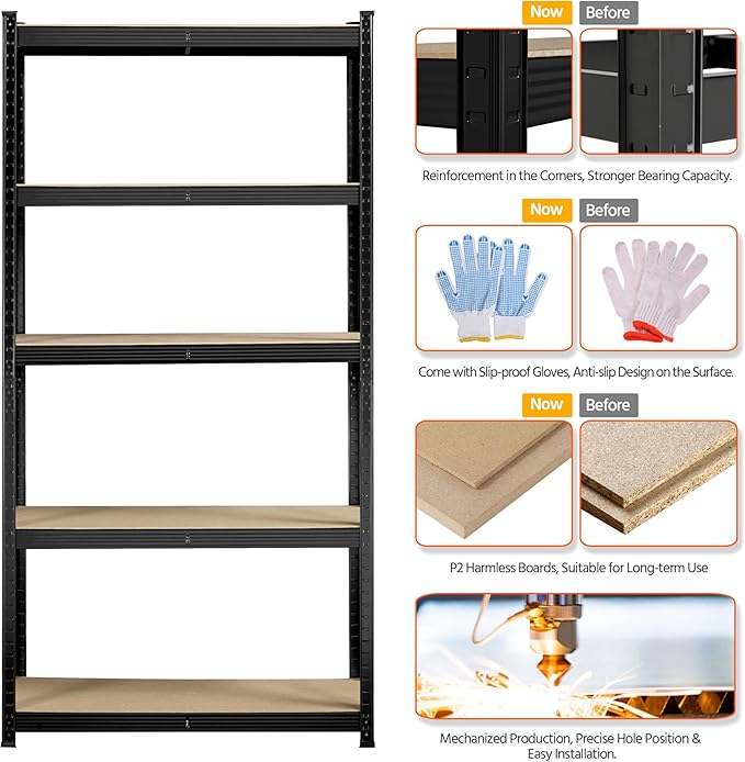 Topeakmart 5-Tier Utility Shelves, Metal Storage Shelves Garage Shelving Unit Adjustable Garage Storage Shelves Storage Racks Heavy Duty Shed Shelving- Black, 35.5 x 12 x 71 Inch