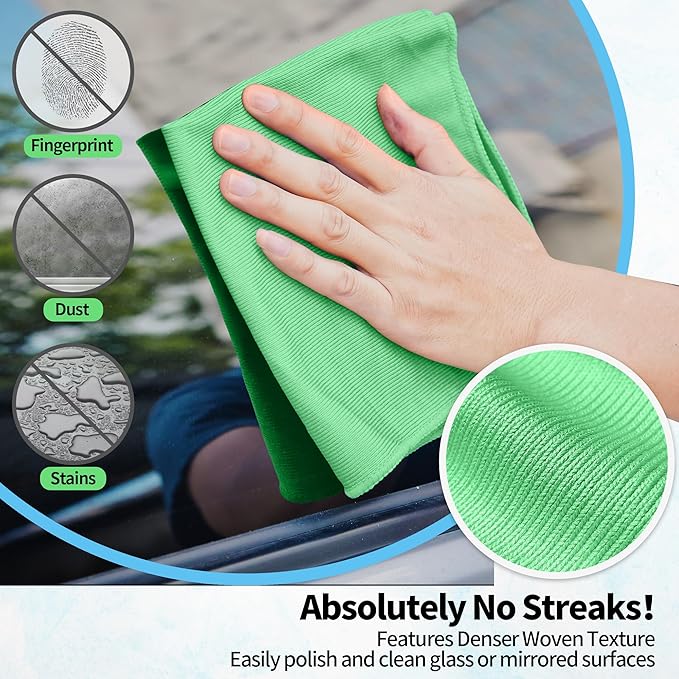 HOMERHYME Microfiber Cleaning Cloth, 12 Pack Window Glasses Cleaning Cloth, Reusable Lint-Free Streak Free Polishing Cloth Wipes for Stainless Steel, Eyeglass, Mirror, Screen & Lense, Sage Green