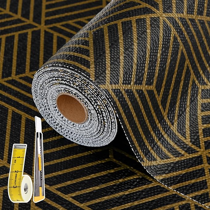 Shelf Liners for Kitchen Cabinets 12in x 20FT, Non Adhesive Cabinet Liner Strong Non-Slip Black Gold Geometric Drawer Liner, Easy to Clean for Shelf, Cabinet with Knife and Tape Measure