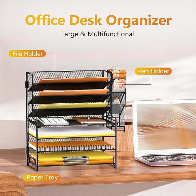SUPEASY 7 Tier Desk Organizer, 4 Tier Paper Organizer + 3 Tier File Holder with Pen Holder, Desk Organization and Storage for Home Office, Black