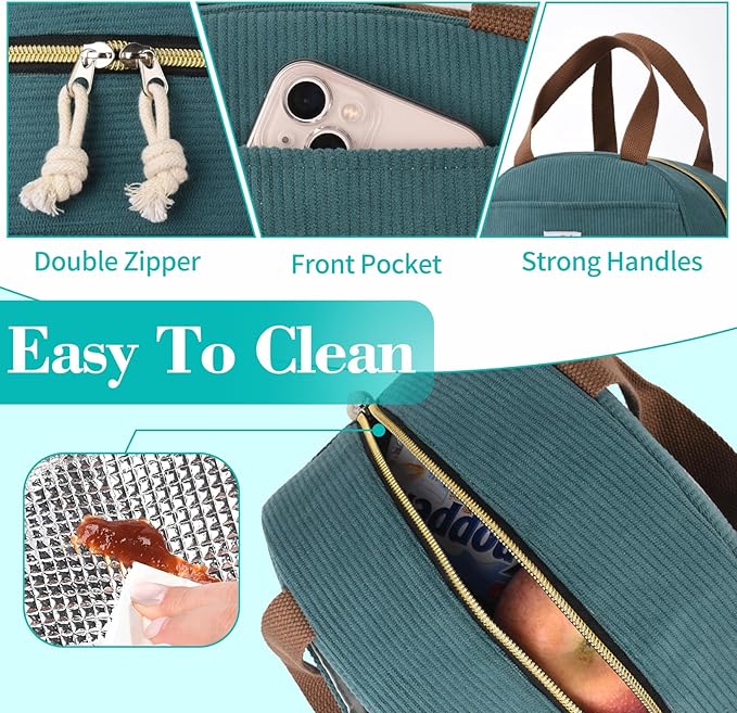 Lunch Box Lunch Bag for Women Girls Teens, Cute Lunch Box Cooler Bag, Portable Small Insulated LunchBox Reusable Corduroy Lunch Tote for Work/Travel/Picnic/School (Lake Green)