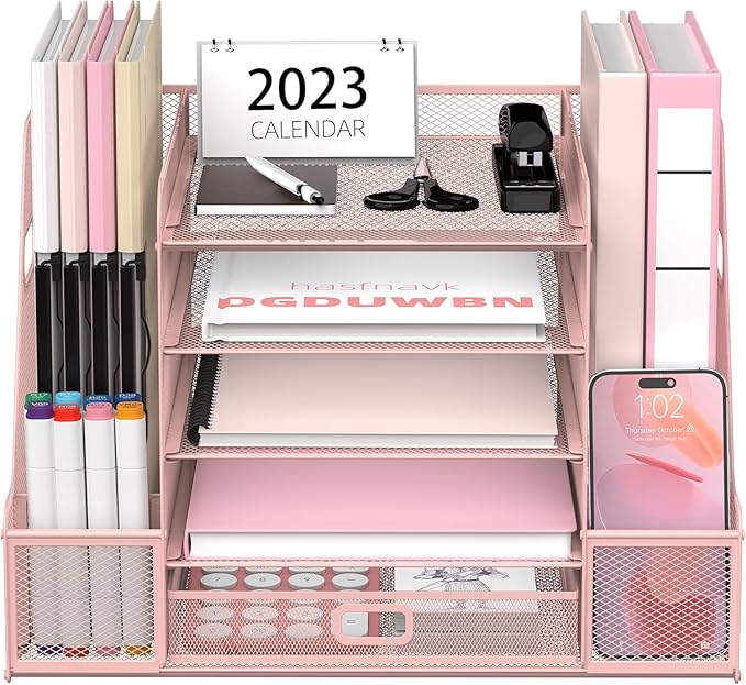 SUPEASY Mesh Desk Organizer with File Holder, 5-Tier Paper Letter Tray Organizer with Magazine Holder, Desktop Organizer and Storage with Drawer for Office Supplies Home or School (2Pack-Pink)