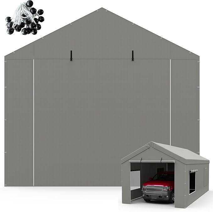 Carport Canopy Replacement Zipper Door Fits 10x20 FT Carport, Waterproof & UV Protected, Easy Assembly with Ball Bungees, Grey (Door Panel Only, 1 Pack)