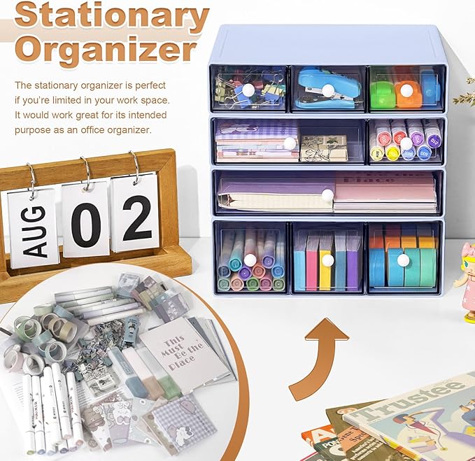 Desk Organizer with 9 Drawers, 4 Tier Plastic Stackable Storage Drawers for Desk Storage, Office Stationary Makeup Organizer Suit for Home, Office and School