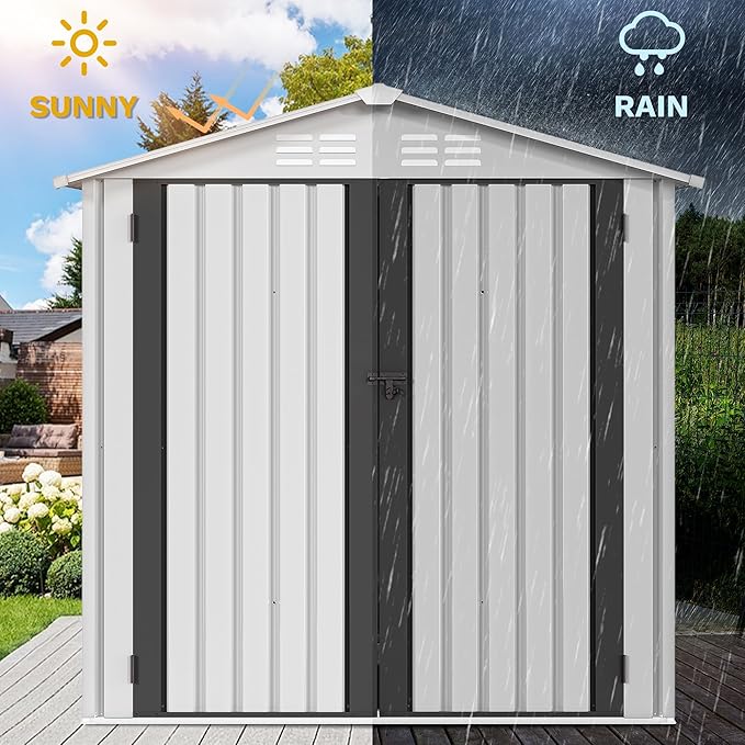DWVO 6x4ft Tool Storage Shed, Lockable Doors, and Sloped Roof, Steel Outdoor Storage Shed for Garden, Patio, Garage, Backyard, Lawn - White