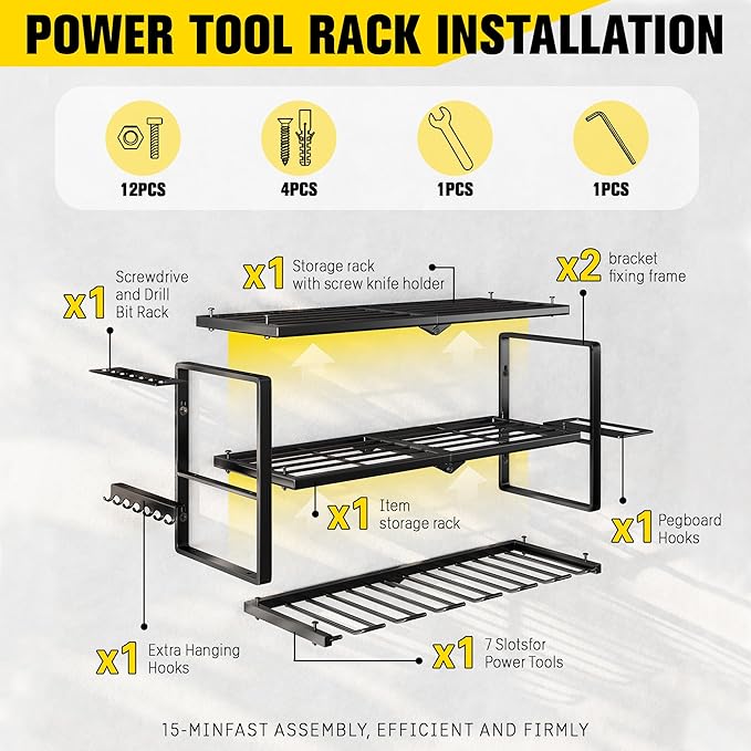 Heavy Duty Power Tool Organizer Wall Mount - 300lb Capacity 3-Tier Storage Rack with 7 Drill Holders for Garage Workshop Tools
