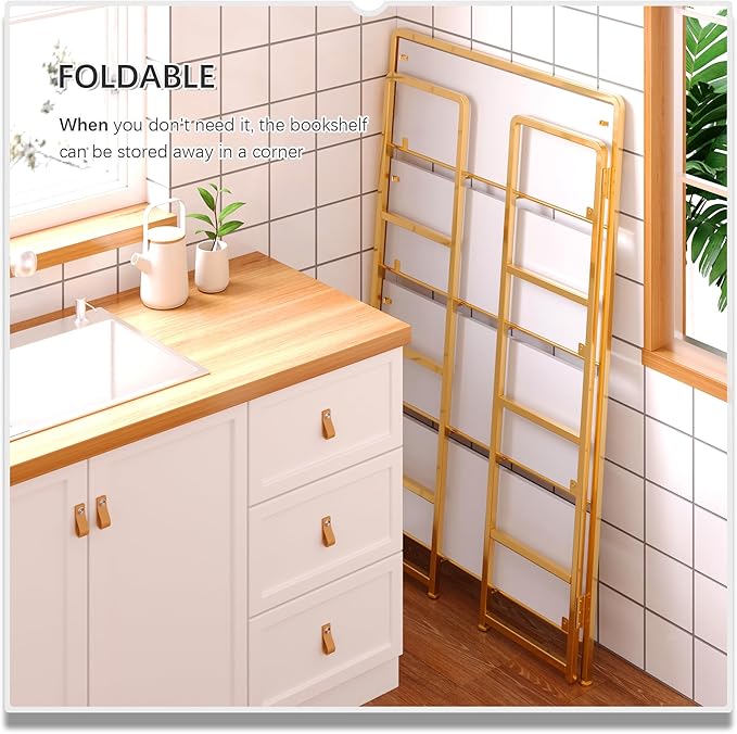 4NM No Assembly Extra Wide 4 Tiers Folding Bookshelf Storage Shelves Vintage Bookcase Standing Racks Study Organizer Home Office (White Gold)