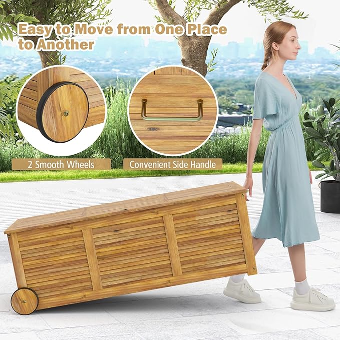 Tangkula 48 Gallon Outdoor Storage Box with Wheels and Waterproof Cover, Patio Wood Deck Box with Side Handle, for Poolside, Garden, Balcony, Yard and Outside