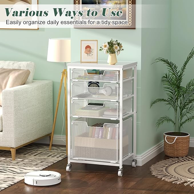 4 Drawer Rolling File Cart with Wheels, Mobile Filing Cabinet for Home Office, Hanging File Organizer, Under Desk Storage, Multifunctional Utility Cart Printer Stand, White