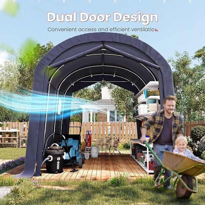 KING BIRD 10' x 15' Round Style Garage Shelter Heavy Duty Storage Shelter Carport Portable Canopy Shed with Roll-up Ventilated Windows for Boat, Patio Furniture and Lawn Mower-Dark Gray