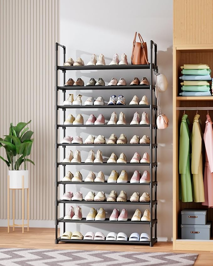 Kitsure Shoe Rack for Closet - 10-Tier Shoe Organizer with Hook Rack, Large-Capacity & Space-Saving Shoe Shelf for Entryway, Bedroom, Living Room,32.2" x 11.8" x 68.5", Black