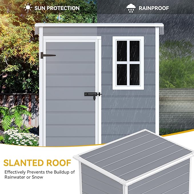 DWVO 5x3ft Resin Outdoor Storage Shed with Floor, Waterproof Lockable Storage Shed with Window, Plastic Outside Tool Storage for Garden, Backyard, Patio, Lawn,Gray