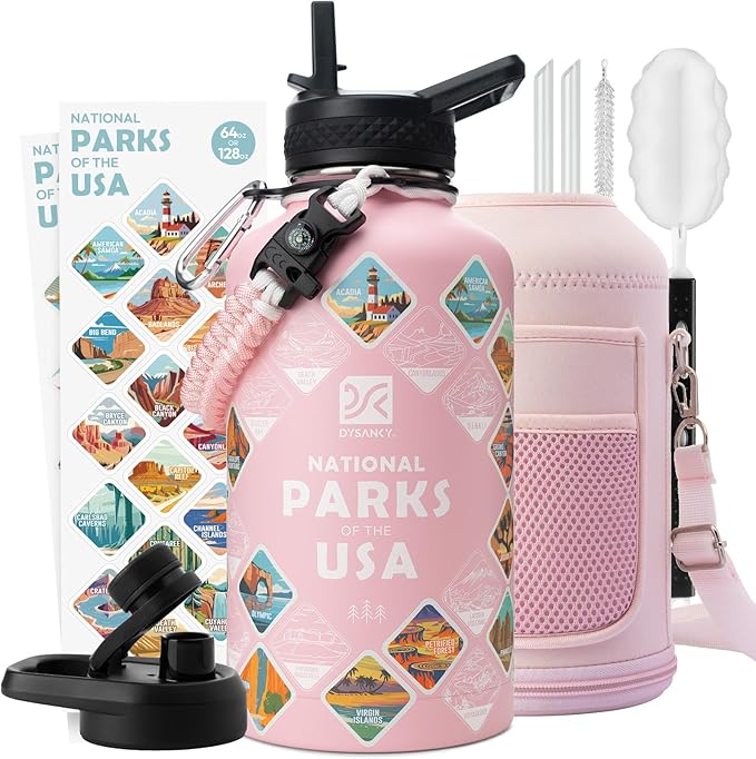 National Parks Water Bottle – 64 oz Insulated Stainless Steel Bottle with 63 Hand-Drawn Park Stickers, Carrier Bag, Strap & Gift Box – BPA-Free – Ideal for Hiking, Camping & Travel