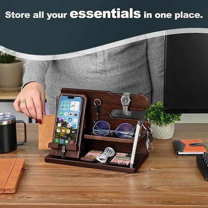 TESLYAR Wood Phone Docking Station for Men - Desk or Nightstand Organizer - Birthday Gifts for Husband, Dad - Anniversary Idea from Wife - Key Holder, Stand Wallet, Watch, Essentials (Chocolate Brown)