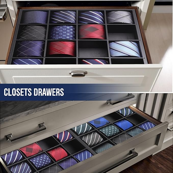 Tie Organizer Wall Mounted Tie rack,Tie box for Men,Tie Storage Box Organizer with 16 Compartments，Tie Display Racks for Bedroom, changing room, Men Wardrobe(Black)