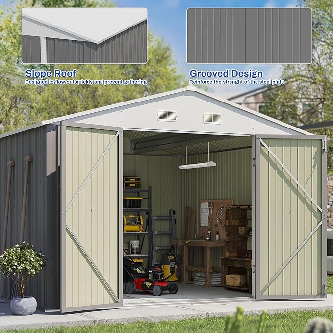 Patiowell 10x10 FT Storage Shed, Outdoor Metal Sheds with Lockable Door and Sloping Roof, Waterproof Outside Large Garden Tool Shed with Breathable Vents for Patio Lawn Backyard, Gray