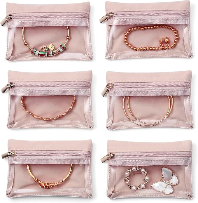 Small Travel Jewelry Pouches, 6PCS Clear Jewelry Organizer Bags with Soft Velvet and Zipper, Pocket Storage Bag Case Purse Organizer for Women Girl Gift