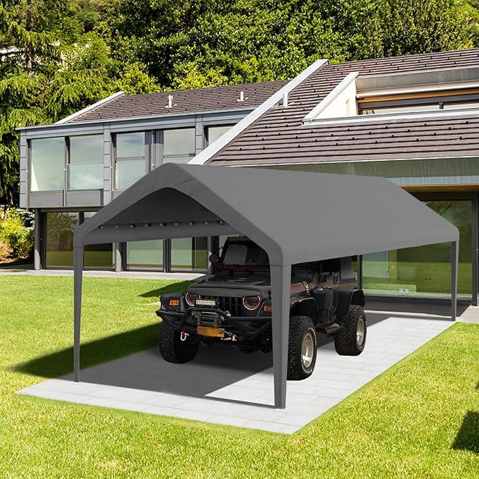 10x20 Carport Replacement Canopy Cover for Tent Top Garage Shelter Cover with Ball Bungees, 800D Oxford Replacement Cover Waterproof & UV Protection, Not Included Frame (Dark Gary)