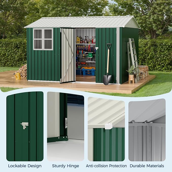 8x10 FT Outdoor Storage Shed,450CU.T Metal Tool Shed with Clear Window, Lockable Doors,Large Garden Storage Box with Sloping Roof，Sheds&Outdoor Storage for Backyard Garden Patio Lawn, Green