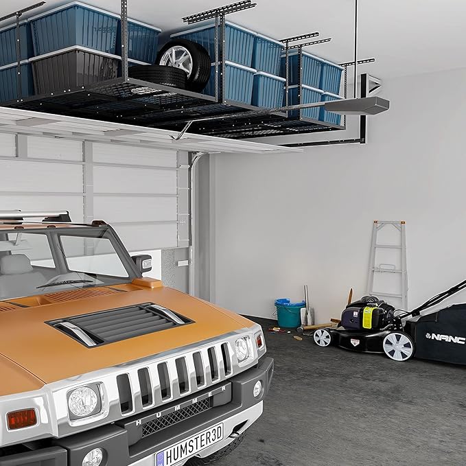 FLEXIMOUNTS 3x8 Overhead Garage Ceiling Storage Rack, Adjustable Garage Organization System, Heavy Duty Metal, 750lbs Weight Capacity, Black, Classic Series