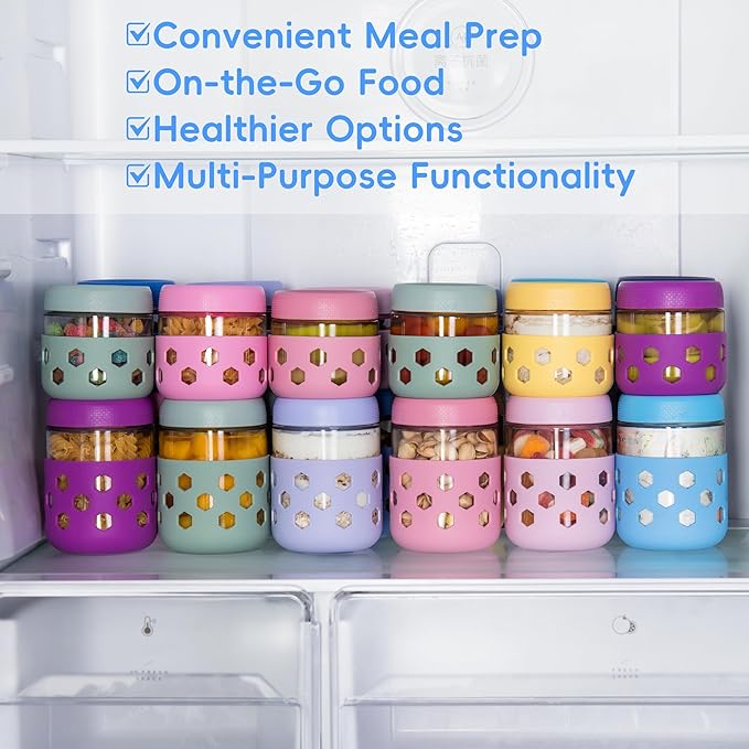Gemice 8-Pack Overnight Oats Containers with Lids and Colorful Sleeves, 16 oz & 10 oz Airtight Glass Chia Pudding Mason Jars, Dishwasher Safe, Wide Mouth Meal Prep Jar for Yogurt Oatmeal