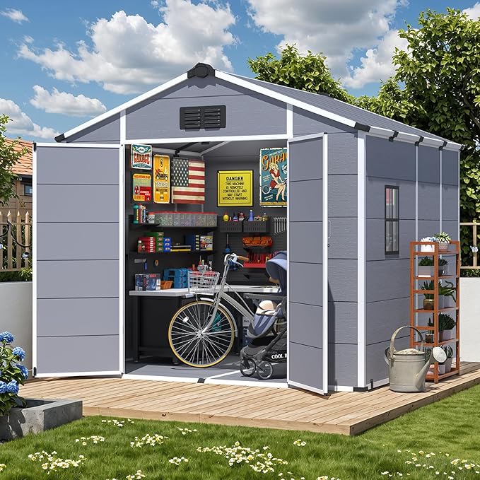 MELLCOM 8 x 8 FT Resin Outdoor Storage Shed with Floor, Storage Tool Shed with Windows and Lockable Door, Resin Garden Shed for Lawnmower, Bike, Pool Supply
