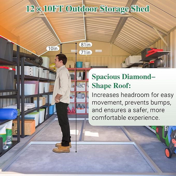10×12 FT Outdoor Storage Shed,Heavy-Duty Metal Shed with Floor Base,All Weather Waterproof Tool Shed W/Diamond Roof & Windows,Lockable Double Door & 4 Air Vents,for Backyard,Patio,Lawn,Brown
