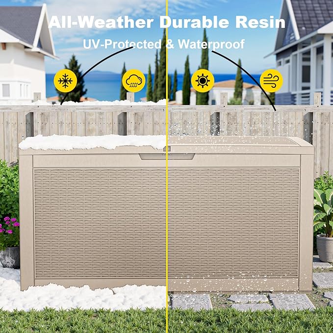 120 Gallon Waterproof Outdoor Storage Box,Resin Deck Box,Lockable Outside Storage Box Container for Patio Furniure,Garden,Pool Tools (120 Gallon,Grey)