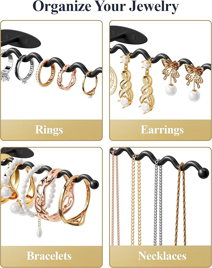 NiHome Wall Mounted Metal Jewelry Organizer Racks for Necklaces, Earrings, Bracelets, Rings, Decorative Display Wave Design Storage Holders for Bedroom, Bathroom, Kitchen, Entryway (2-Pack, Black)