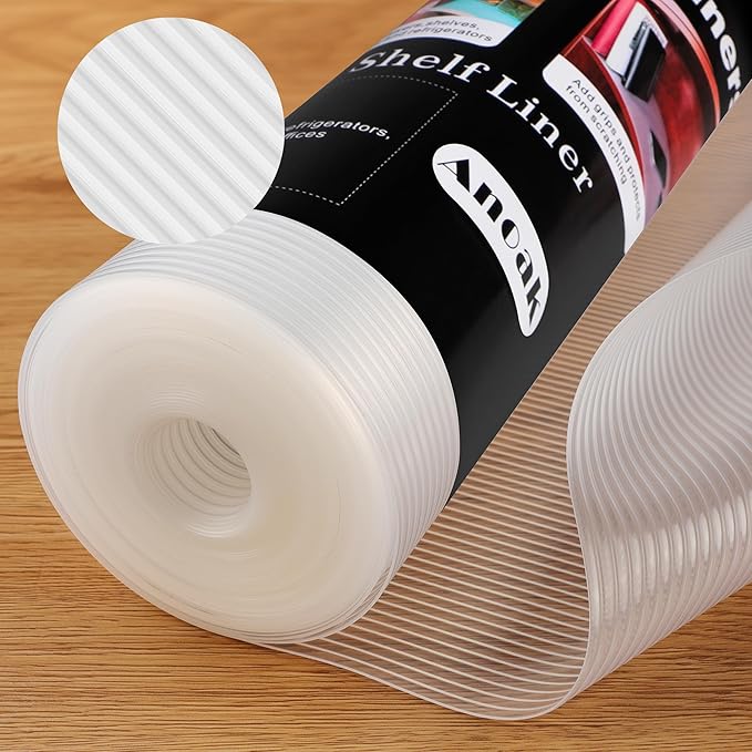 Anoak Shelf Liner Cabinet Liner, Non Adhesive Drawer Liner, Washable 12 Inch x 30 FT(360 Inch) Waterproof Durable Non-Slip Shelf Liner for Kitchen, Drawer, Refrigerator Stripe Clear