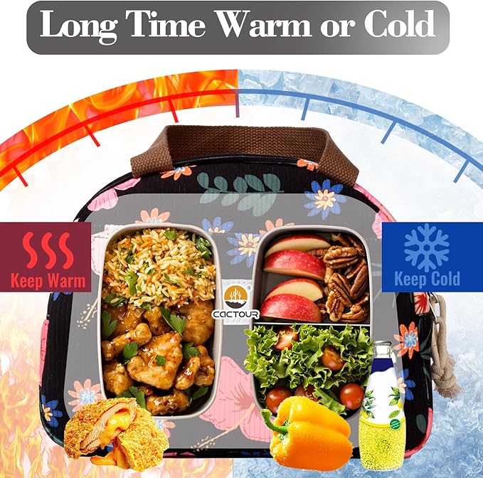 Large Lunch Box for Women, Cute Lunch Box Cooler Bag, Portable Insulated LunchBox Reusable Corduroy Lunch Tote for Work/Travel/Picnic (Flower)