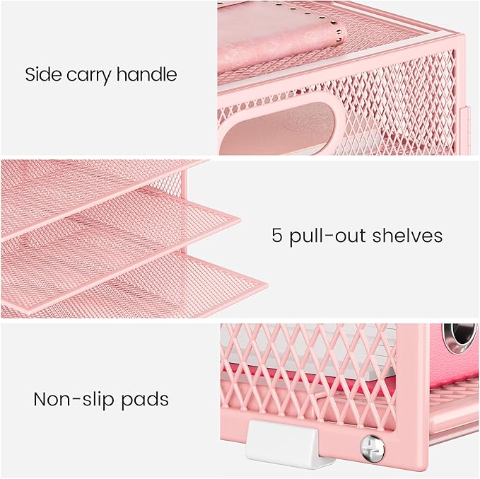 Lavatino 2 Pack 8-Tier Office Desk File Organizer, Letter Tray Paper Organizer with Handle, Including 5 Adjustable Slide Trays for Organizing Desk Workspace Accessories and Supplies (Pink Mesh)