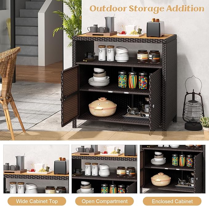 Tangkula Rattan Outdoor Storage Cabinet, Patiojoy Outdoor Cabinet with Acacia Wood Countertop, Open Compartment, 2-Door Wicker Sideboard, Outdoor Bar for Patio Garden Backyard Poolside (Mix Brown)