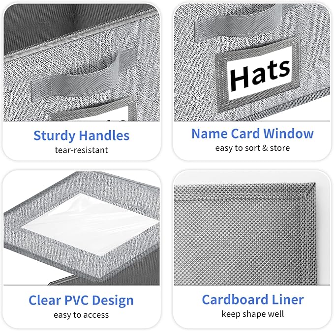 Aokeyee Hat Organizer for Baseball Caps - 2PCS Stackable Storage with Clear Window Lid, Flip-Top Access, Space-Saving Hat Box for Closet, Breathable Fabric (Grey)