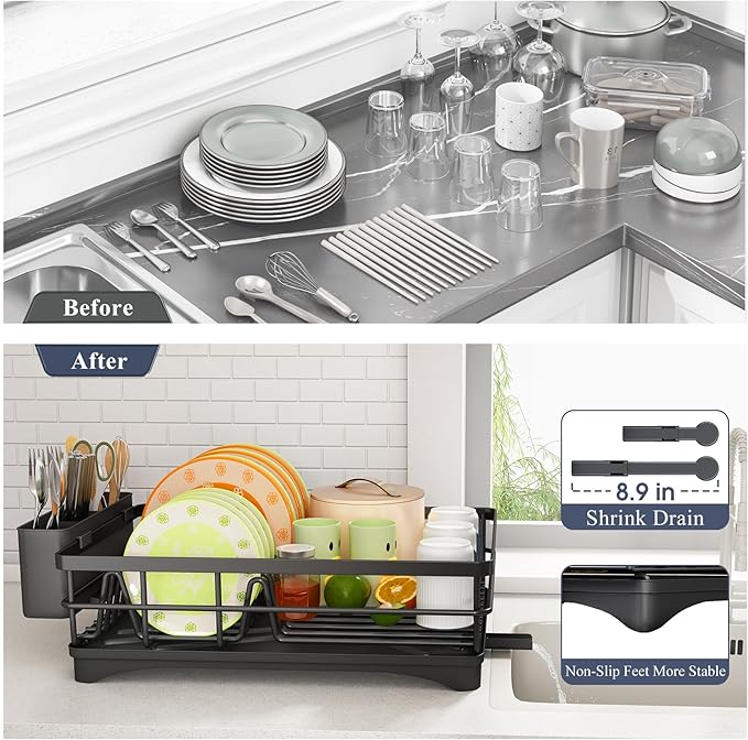 SAYZH Dish Drying Rack - Stainless Steel Dish Rack for Kitchen Counter, Large-Capacity Dish Drainer with Cutlery Holder, Kitchen Organizer for Dishes, Spoons and Forks, Black