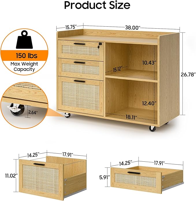 Rattan File Cabinets, 3 Drawer Lateral Filing Organization Storage Cabinets with Lock, Rolling Printer Stand Home Office Organizer for Hanging Files Letter/Legal/A4 Size, Oak
