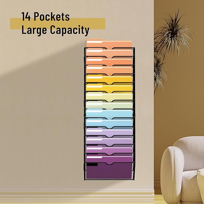 SUPEASY 14-Tier Hanging Wall File Holder Organizer for Papers, Folders, Files Clipboard & Magazine Organization Great for Office Home, Assembly Needed, Black