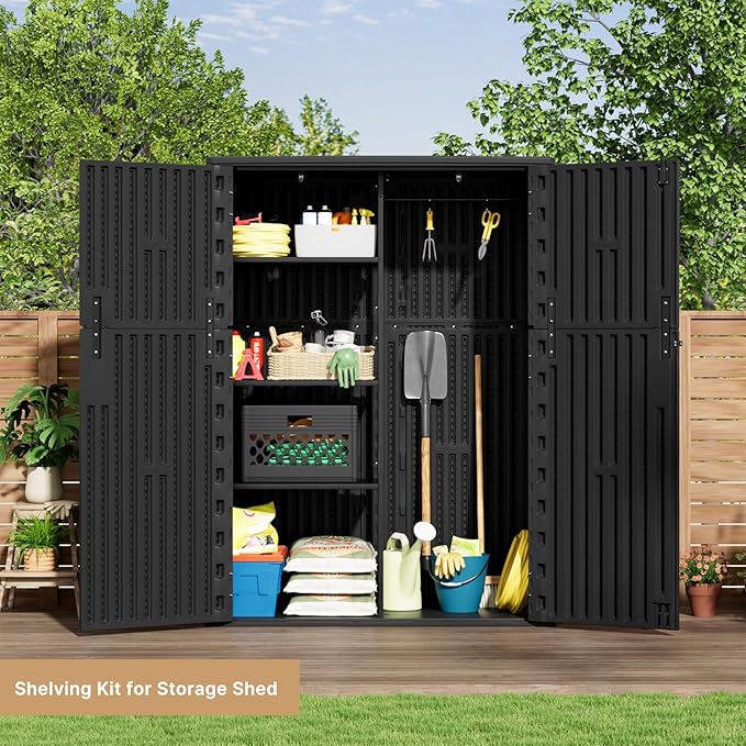 KINYING Outdoor Vertical Storage Shed,57 Cu.ft Outdoor Storage Cabinet Waterproof,Resin Sheds & Outdoor Storage Clearance for Garden,Patio,Backyard,Lockable (Black)