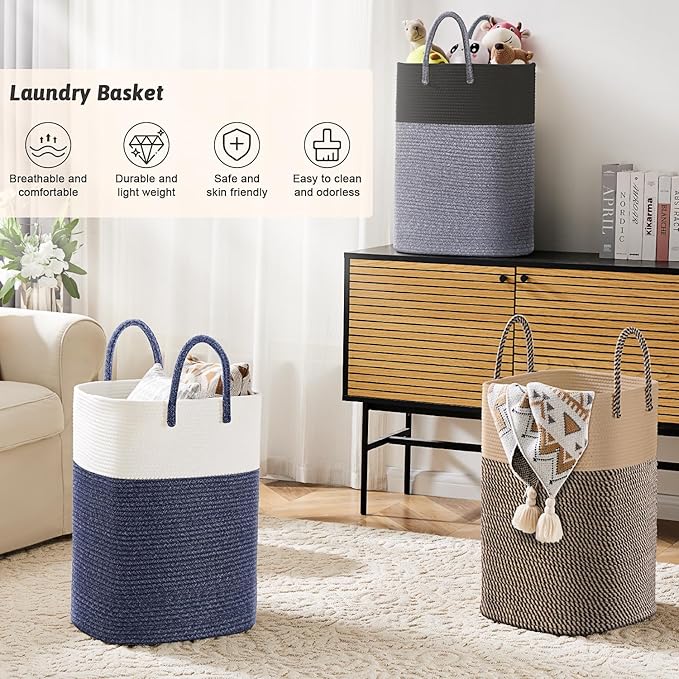 Laundry Basket,Woven Cotton Rope Laundry Hamper,Versatile Storage for Dirty Clothes,Baby Toys,and Blankets in Bathroom, Nursery,and Living Room (Blue, 40L)