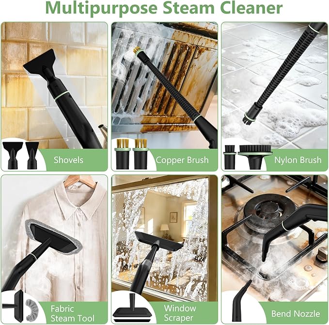 Steam Cleaner, Portable Steamer for Cleaning with 16pcs Accessories, 6-Level Adjustable, 15s Heat-Up, Handheld Steam Cleaner for Home for Tile, Grease, Dirt, Grout, Car Detailing, Green