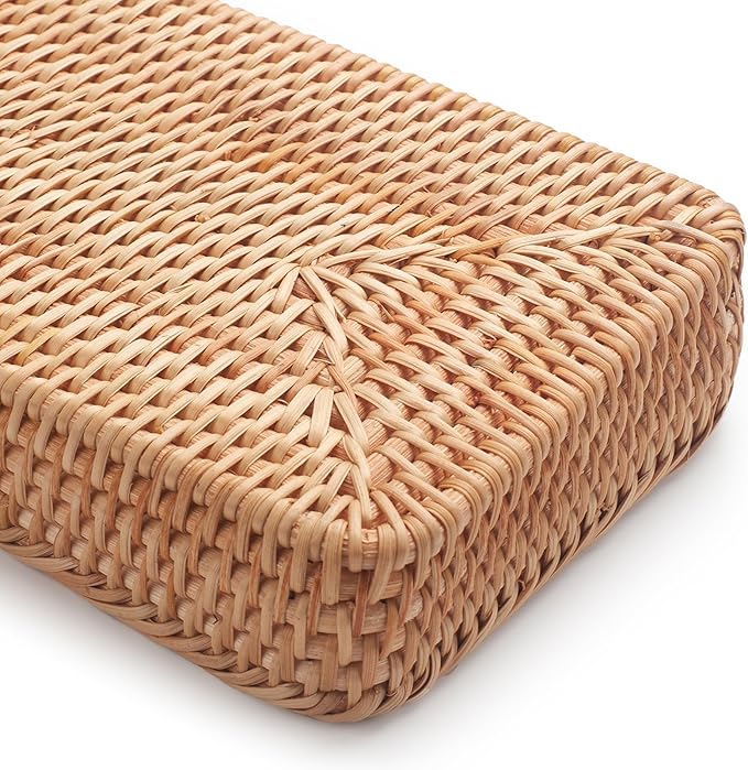 Rattan Bathroom Vanity Trays Toilet Tank Baskets Long Narrow Hand Towel Storage Basket for Storage, Decorative (Natural 16.3 x 6.1 x 2 inch)