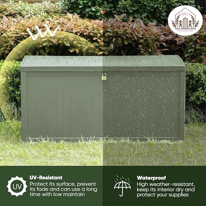 EHHLY 120 Gallon Outdoor Storage Box, Lockable Outside Storage Box Waterproof, Patio Cushions Deck Storage Boxes, Rattan Plastic Garden Hose Containers Resin Pool Storage Bins with lids, Sage Green