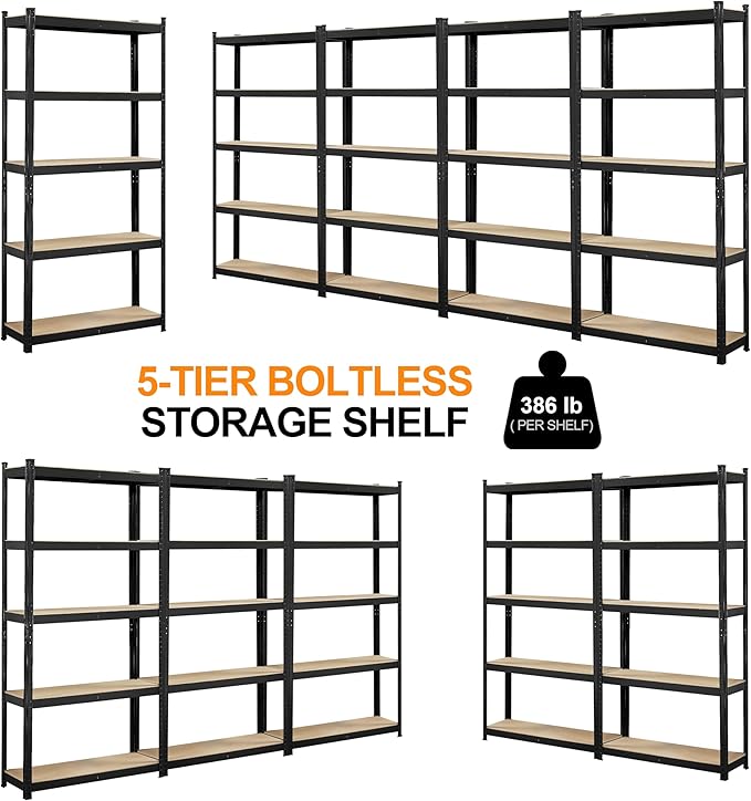 Topeakmart 5-Tier Utility Shelves, Metal Storage Shelves Garage Shelving Unit Adjustable Garage Storage Shelves Storage Racks Heavy Duty Shed Shelving- Black, 35.5 x 12 x 71 Inch